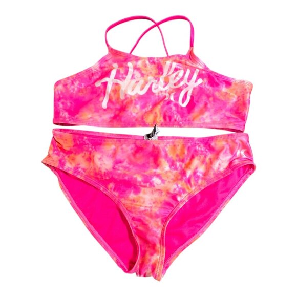Hurley Girls Tie Dye High Neck Bikini Set L 12 14 Pink Orange Swimsuit Two Pc - Picture 1 of 4
